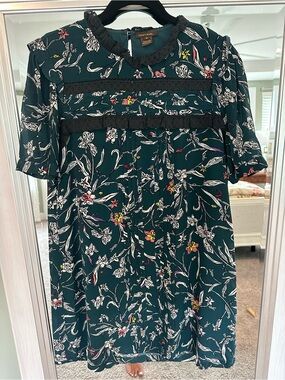 Vineet Bahl (Anthropologie) Floral Midi Dress with Black Lace Trim